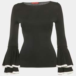 Carolina Herrera Black Stretch Knit Bell Sleeve Top XS