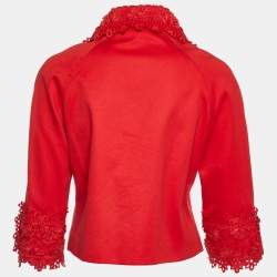 Carolina Herrera Red Gabardine Lace Detail Cropped Jacket L