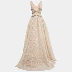 Carolina Herrera Beige Fil Coupe Jacquard Crystal Embellished Gown M