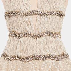 Carolina Herrera Beige Fil Coupe Jacquard Crystal Embellished Gown M