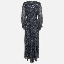 Carolina Herrera Navy Blue Printed Lurex Silk Maxi Dress M