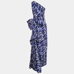 Carolina Herrera Blue Rose Print Cotton Blend One Shoulder Maxi Dress L