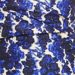 Carolina Herrera Blue Rose Print Cotton Blend One Shoulder Maxi Dress L