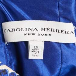 Carolina Herrera Blue Rose Print Cotton Blend One Shoulder Maxi Dress L