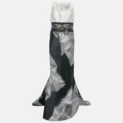 Carolina Herrera White & Black Silk Jacquard Embellished Detail Sleeveless Mermaid Gown L