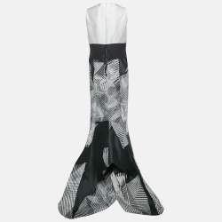 Carolina Herrera White & Black Silk Jacquard Embellished Detail Sleeveless Mermaid Gown L