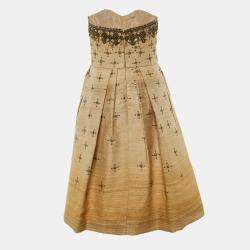 Pre Owned Carolina Herrera Beige Ombre Raw Silk Embellished Strapless Dress M