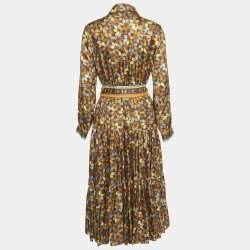 Pre Owned Carolina Herrera Brown Printed Silk Belted Maxi Dress M