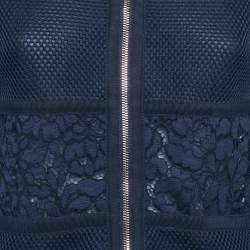 Pre Owned Carolina Herrera Navy Blue Mesh Lace Paneled Zip-Up Jacket XS
