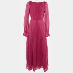 Pre Owned Carolina Herrera Pink Silk Plunge Neck Maxi Dress M
