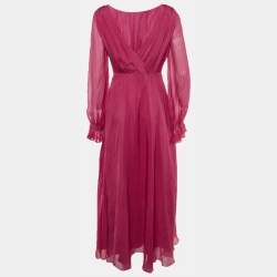 Pre Owned Carolina Herrera Pink Silk Plunge Neck Maxi Dress M