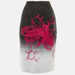 Pre Owned Carolina Herrera Black/White Bee & Honeycomb Embroidered Crepe & Silk Skirt L