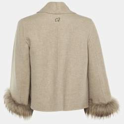 Pre Owned Carolina Herrera Beige Wool Fur Detail Open Front Jacket M