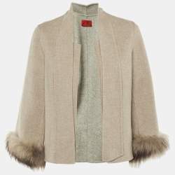 Pre Owned Carolina Herrera Beige Wool Fur Detail Open Front Jacket M