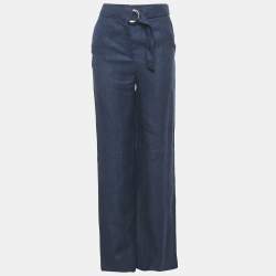 Pre Owned بنطلون كارولينا هيريرا حزام لينين أزرق مقاس صغير جدًا (إكس سمول)