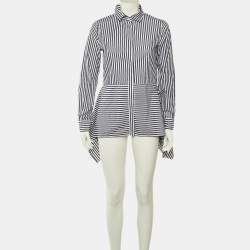 Pre Owned CH Carolina Herrera Navy Blue & White Striped Cotton Asymmetric Hem Shirt M