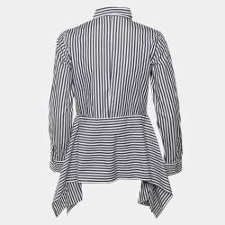 Pre Owned CH Carolina Herrera Navy Blue & White Striped Cotton Asymmetric Hem Shirt M