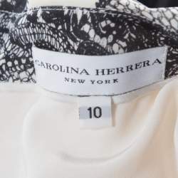 Carolina Herrera Monochrome Lace Print Silk One Shoulder Evening Gown L
