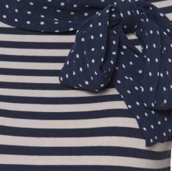 CH Carolina Herrera Blue and Beige Striped Cotton Jersey Necktie Detail Top XS