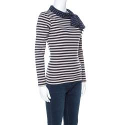 CH Carolina Herrera Blue and Beige Striped Cotton Jersey Necktie Detail Top XS