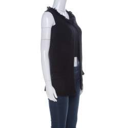 مملوكة مسبقًا CH Carolina Herrera Black Chunky Knit Merino Wool Fringed Sleeveless Cardigan XS