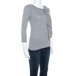 Carolina Herrera Grey Wool Blend Jersey Bow Detail Top XS