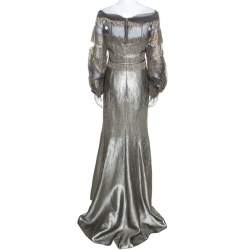 Pre Owned Carolina Herrera Silver Jacquard Embellished Detail Off Shoulder Gown M