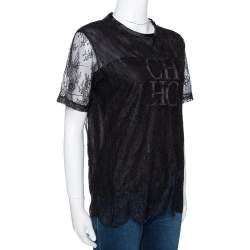 Pre Owned CH Carolina Herrera Black Lace Logo Applique Crew Neck Short Sleeve Top XS
