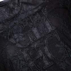 Pre Owned CH Carolina Herrera Black Lace Logo Applique Crew Neck Short Sleeve Top XS