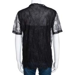 Pre Owned CH Carolina Herrera Black Lace Logo Applique Crew Neck Short Sleeve Top XS