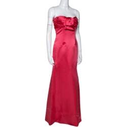 Pre Owned CH Carolina Herrera Coral Pink Silk Strapless Evening Gown S 