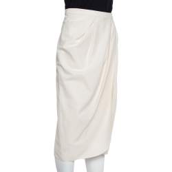 Pre Owned Carolina Herrera Cream Wool & Silk Draped Midi Skirt M