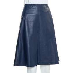 Carolina Herrera Navy Blue Leather A-Line Skirt L
