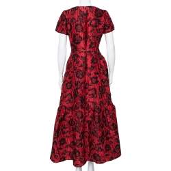 Pre Owned CH Carolina Herrera Red & Black Floral Crinkled Brocade Flared Maxi Dress L
