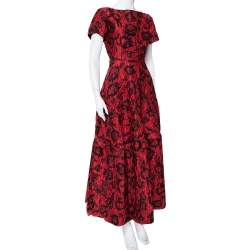 Pre Owned CH Carolina Herrera Red & Black Floral Crinkled Brocade Flared Maxi Dress L