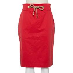Pre Owned CH Carolina Herrera Vintage Red Cotton Waist Tie Detail Knee Length Skirt L