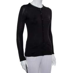 Pre Owned Carolina Herrera Black Knit Contrast Neck Detail Button Front Cardigan XS