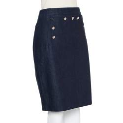 Pre Owned CH Carolina Herrera Navy Blue Denim Button Detail Knee Length Skirt L