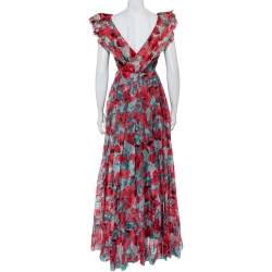 Pre Owned CH Carolina Herrera Multicolor Abstract Printed Silk Ruffled Pleated Maxi Dress L