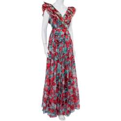 Pre Owned CH Carolina Herrera Multicolor Abstract Printed Silk Ruffled Pleated Maxi Dress L