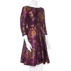 Pre Owned CH Carolina Herrera Magenta Floral Jacquard Pleated Midi Dress S