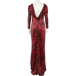 Pre Owned CH Carolina Herrera Black & Red Abstract Printed Silk Satin Brooch Detail Maxi Dress M