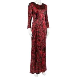 Pre Owned CH Carolina Herrera Black & Red Abstract Printed Silk Satin Brooch Detail Maxi Dress M