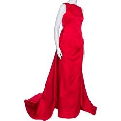 Pre Owned Carolina Herrera Red Sateen Backless Evening Gown M