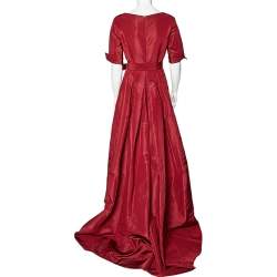 Pre Owned Carolina Herrera Burgundy Silk Taffeta Pleated Detail Belted Gown L