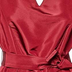 Pre Owned Carolina Herrera Burgundy Silk Taffeta Pleated Detail Belted Gown L