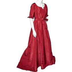 Pre Owned Carolina Herrera Burgundy Silk Taffeta Pleated Detail Belted Gown L