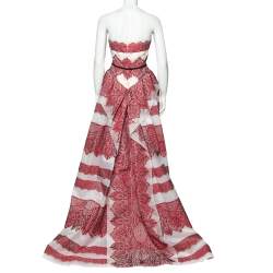 Pre Owned Carolina Herrera Red Striped Lace Embroidered Organza Bow Detail Strapless Gown M