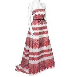 Pre Owned Carolina Herrera Red Striped Lace Embroidered Organza Bow Detail Strapless Gown M