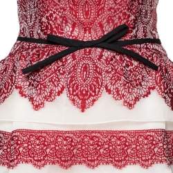 Pre Owned Carolina Herrera Red Striped Lace Embroidered Organza Bow Detail Strapless Gown M